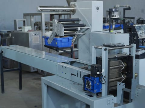 Conveyor section of a flow wrapping machine with its servo drive motor fitted